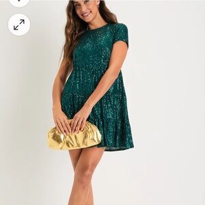 Lulus Taking a Shine Emerald Green Sequin Tiered Mini Shift Dress